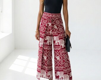 Red Elephant Wide Leg Pants Comfy Rayon Summer Festival Wear