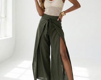 Plain Army Green Palazzo Pants: Breathable Boho Fit for Holidays