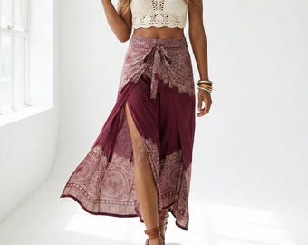 Red Leaf Palazzo Pants Flowy Wide Leg Yoga Beach Trousers