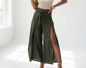 Plain Army Green Palazzo Pants: Breathable Boho Fit for Holidays