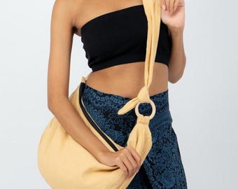 Boho Cotton Sling Bag: Large Crossbody with Wooden Ring