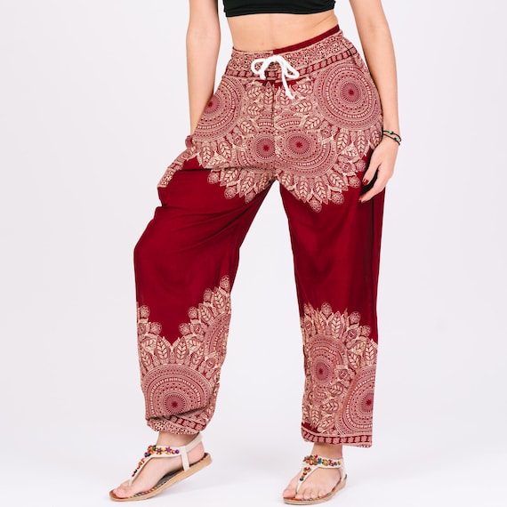 Boho Rayon Harem Pants: Leaf Print Yoga Trousers