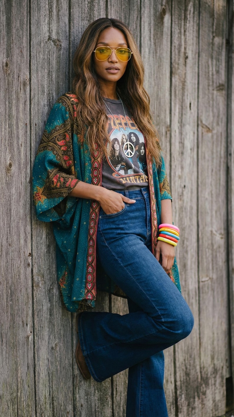 May include: A teal kimono with a paisley design is worn over a gray graphic tee and blue jeans. The tee features a band image and a peace sign necklace. A stack of colorful bracelets and yellow sunglasses complete the look.