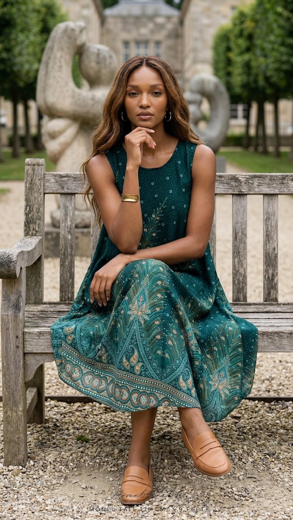 bohemian peacock dress Boho Green Sleeveless for Women Yoga & Meditation cat_holiday_shop Modern Green Dress Shirts Canvas or Frame Option:White Frame Uniquely crafted and sustainably