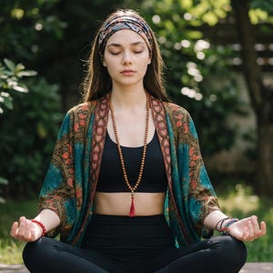 May include: A person in a meditative pose, wearing a black sports bra, leggings, and a patterned kimono. A long wooden bead necklace with a red tassel hangs down. A patterned headband and bracelets complete the look. The person is sitting on a wooden surface.