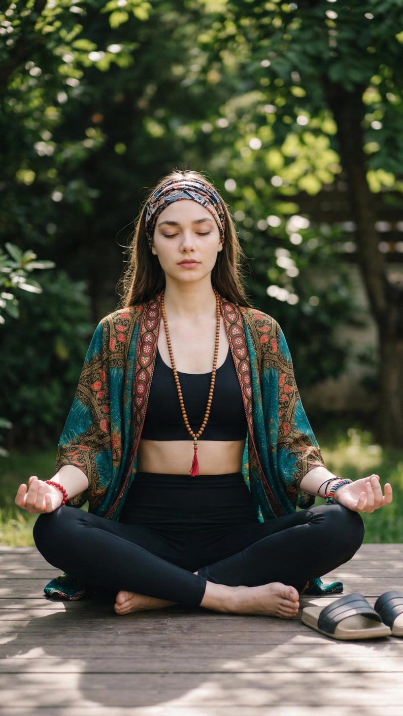 May include: A person in a meditative pose, wearing a black sports bra, leggings, and a patterned kimono. A long wooden bead necklace with a red tassel hangs down. A patterned headband and bracelets complete the look. The person is sitting on a wooden surface.