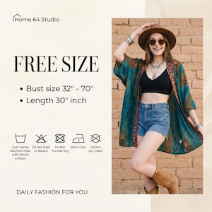 May include: A teal, open-front kimono with a colorful paisley design. The kimono is free size, with a bust size of 32"-70" and a length of 30". The image also includes the text "DAILY FASHION FOR YOU" and care instructions.