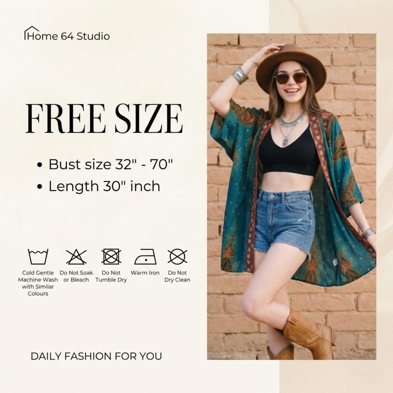 May include: A teal, open-front kimono with a colorful paisley design. The kimono is free size, with a bust size of 32"-70" and a length of 30". The image also includes the text "DAILY FASHION FOR YOU" and care instructions.