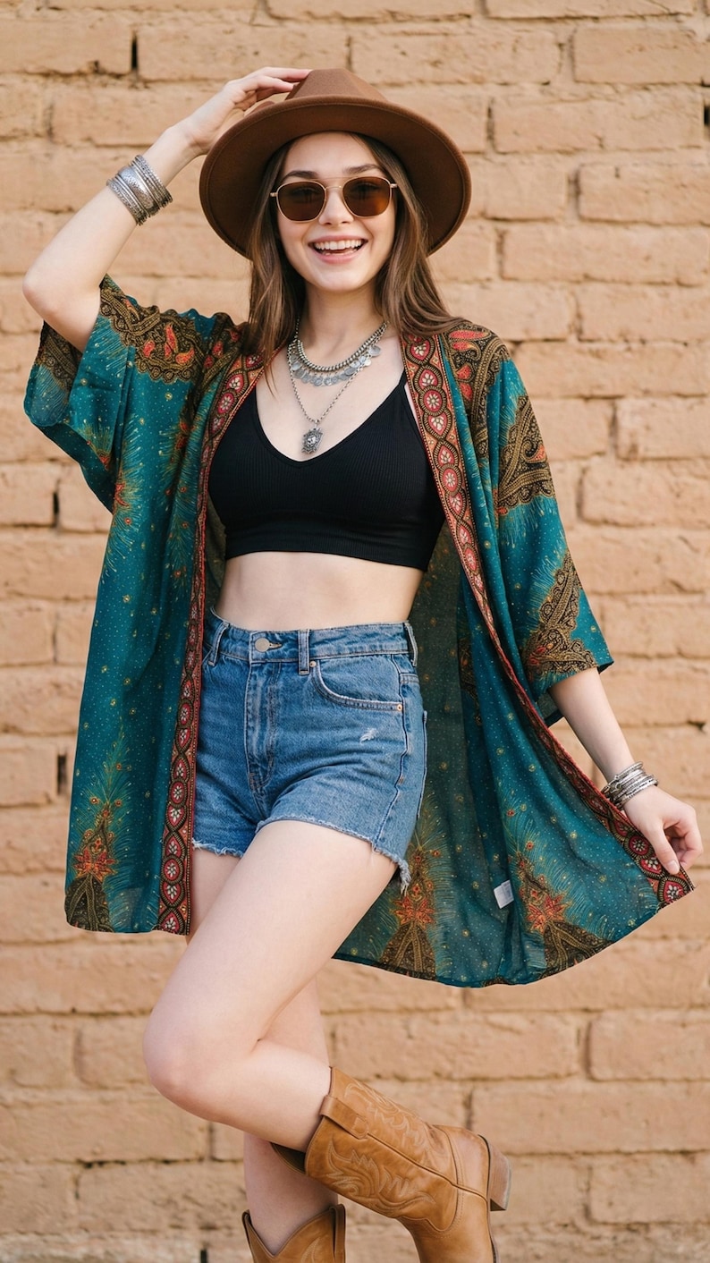 May include: A teal kimono with a paisley pattern and red trim is worn over a black top and denim shorts. The outfit is accessorized with a brown hat, sunglasses, and silver bracelets. Brown cowboy boots complete the look.