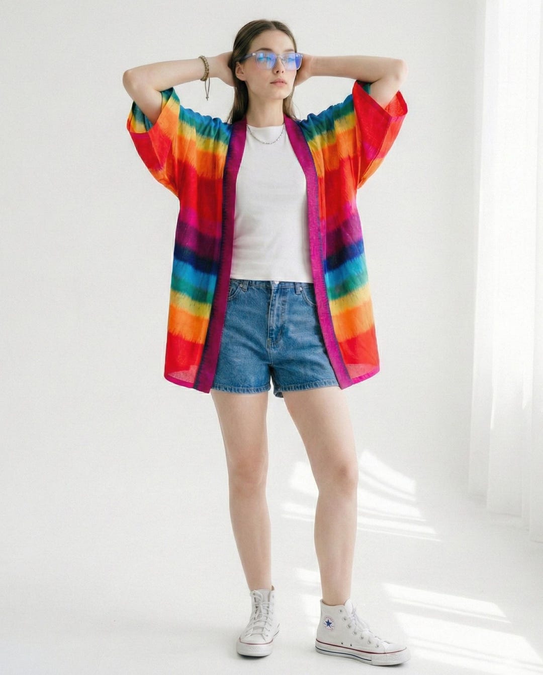 Rainbow Rbe Vibrant Rainbow Boho Kimono Robe Festival Beach Coverup - Etsy