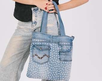 Upcycled Denim Tote Bag: Handmade Embroidered Jean Crossbody Purse