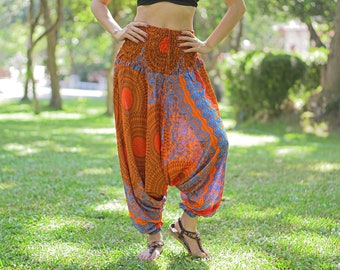 Bohemian Honeycomb Print Harem Aladdin Pants with Smocked Waist for Women