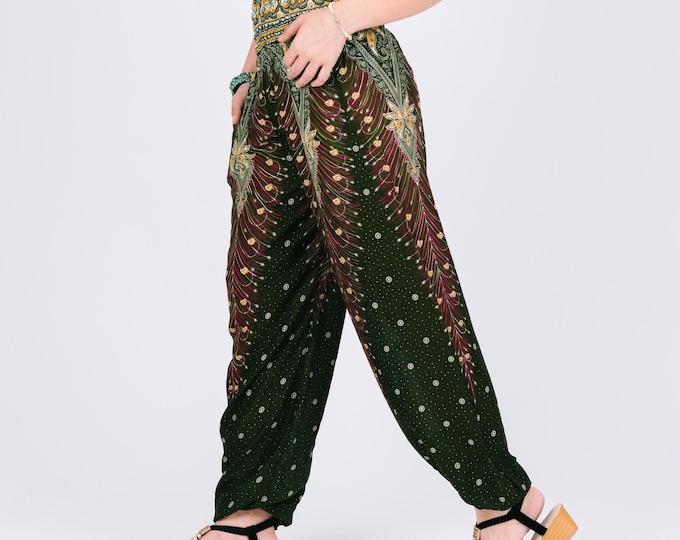 Peacock Print Harem Pants: Boho Yoga Trousers