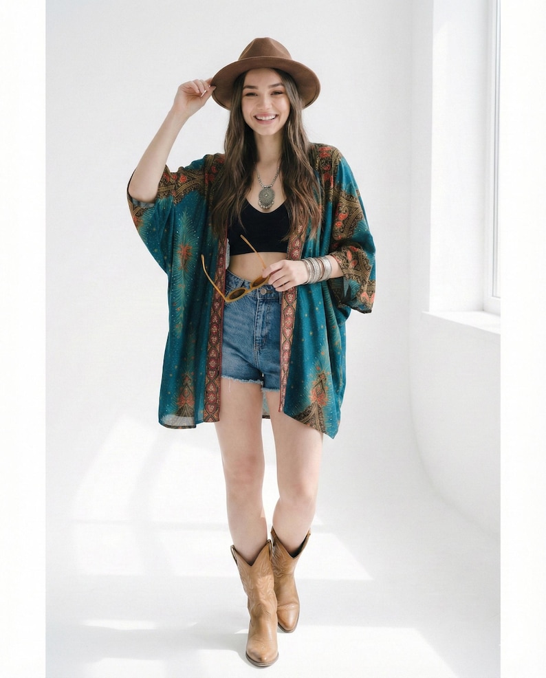 May include: A woman wearing a brown hat, a teal kimono with a patterned design, denim shorts, and brown cowboy boots. She is also wearing a black top and holding sunglasses.