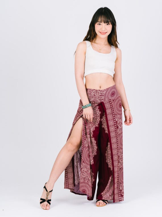 Bohemian Palazzo Pants for Women – Wide-Leg Cotton Trousers Flowy Smocked  Waist Boho Pants for Beach, Yoga, and Festival Wear