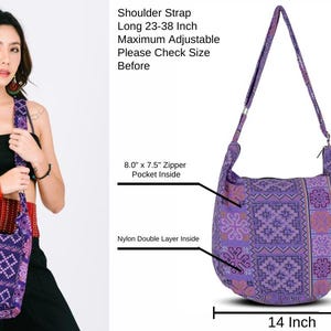 A handmade cotton sling bag in rich Tribe-Purple, perfect for everyday wear or music festivals. This boho satchel offers comfort and function, with enough room for essentials. Its ethnic pattern and hippie style make it a charming gift for women who love meaningful, artisan-made fashion.
