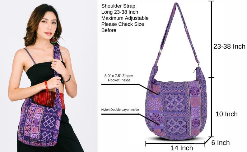 A handmade cotton sling bag in rich Tribe-Purple, perfect for everyday wear or music festivals. This boho satchel offers comfort and function, with enough room for essentials. Its ethnic pattern and hippie style make it a charming gift for women who love meaningful, artisan-made fashion.