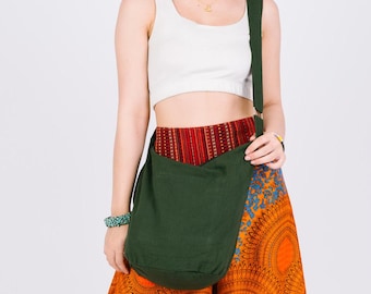 Hippie crossbody bag, shoulderpurse, slingbag for women, Forest green cotton hobo bag with zipper pocket, boho satchel casual gift for her
