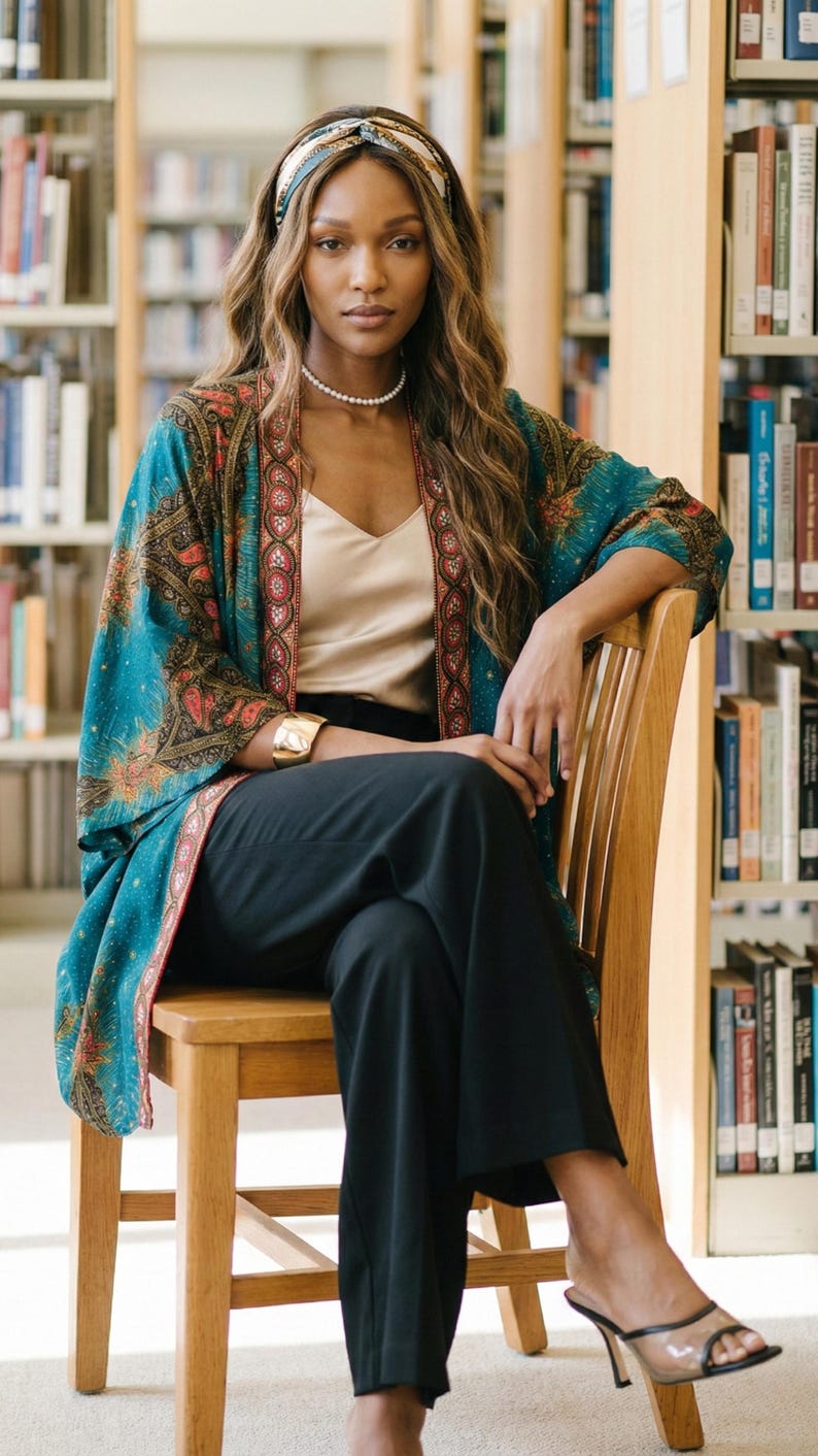 May include: A woman seated in a library setting, wearing a teal kimono with a floral pattern, a gold top, and black pants. She is also wearing a headband, pearl necklace, and gold bracelet. The background includes bookshelves.