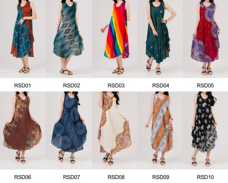 Woman poses in boho maxi sleeveless dress, made for summer vibes and festival wear. Soft, colorful, and unique.