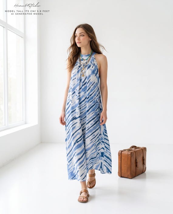 blue tie dye halter dress Shibori Maxi Dress, & White Boho Beach Resortwear fully-lined:false
