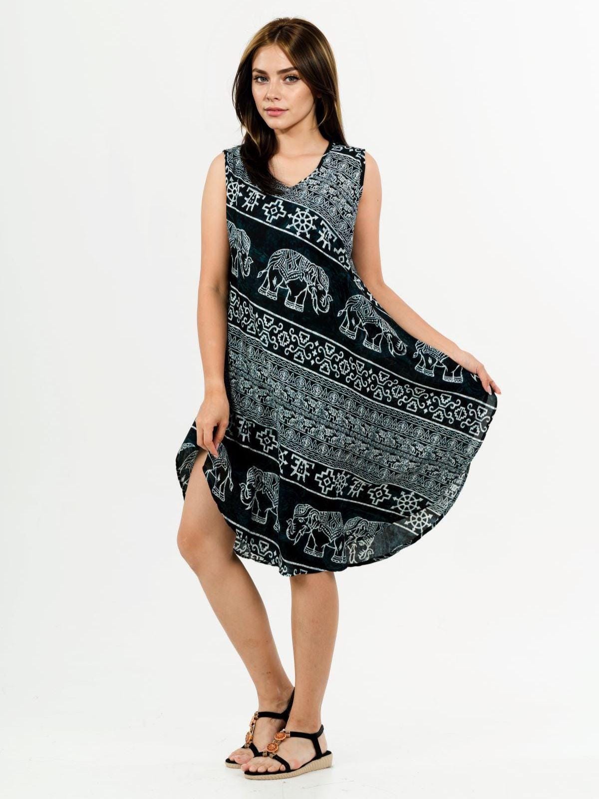elephant print dress for ladies Boho Sleeveless Maxi Dress: Flowy Summer Sundress thailand elephant print dress