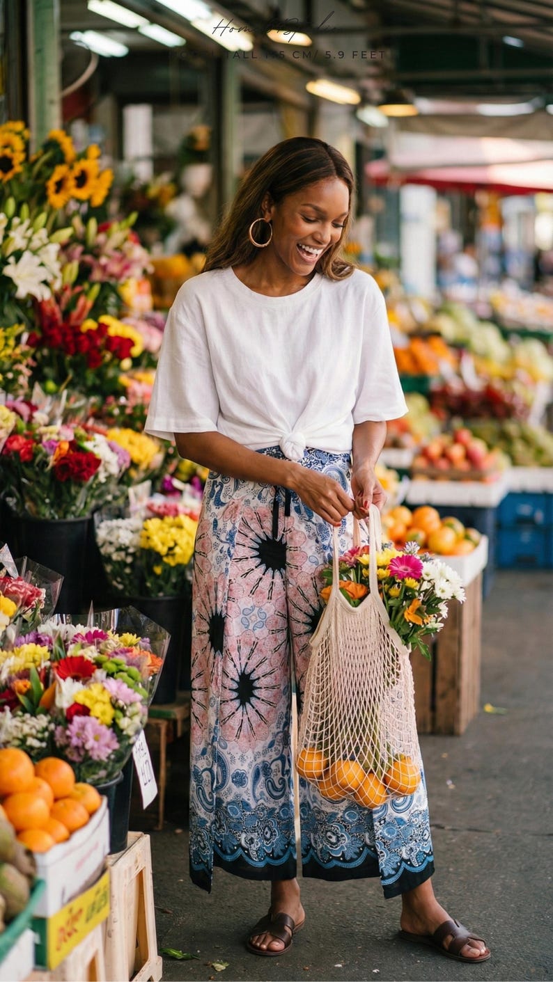 Happy tall woman shopping at a vibrant outdoor flower and fruit market wearing the lovely Pink Feather Palazzo Pants. These flowy boho summer beach vacation wear trousers are styled casually with a knotted white t-shirt, brown slide sandals, and a net market bag filled with fresh oranges and daisies. The gorgeous pink and blue paisley wide-leg pants are incredibly comfortable for everyday casual summer city strolls! 🍊🌻🛍️
