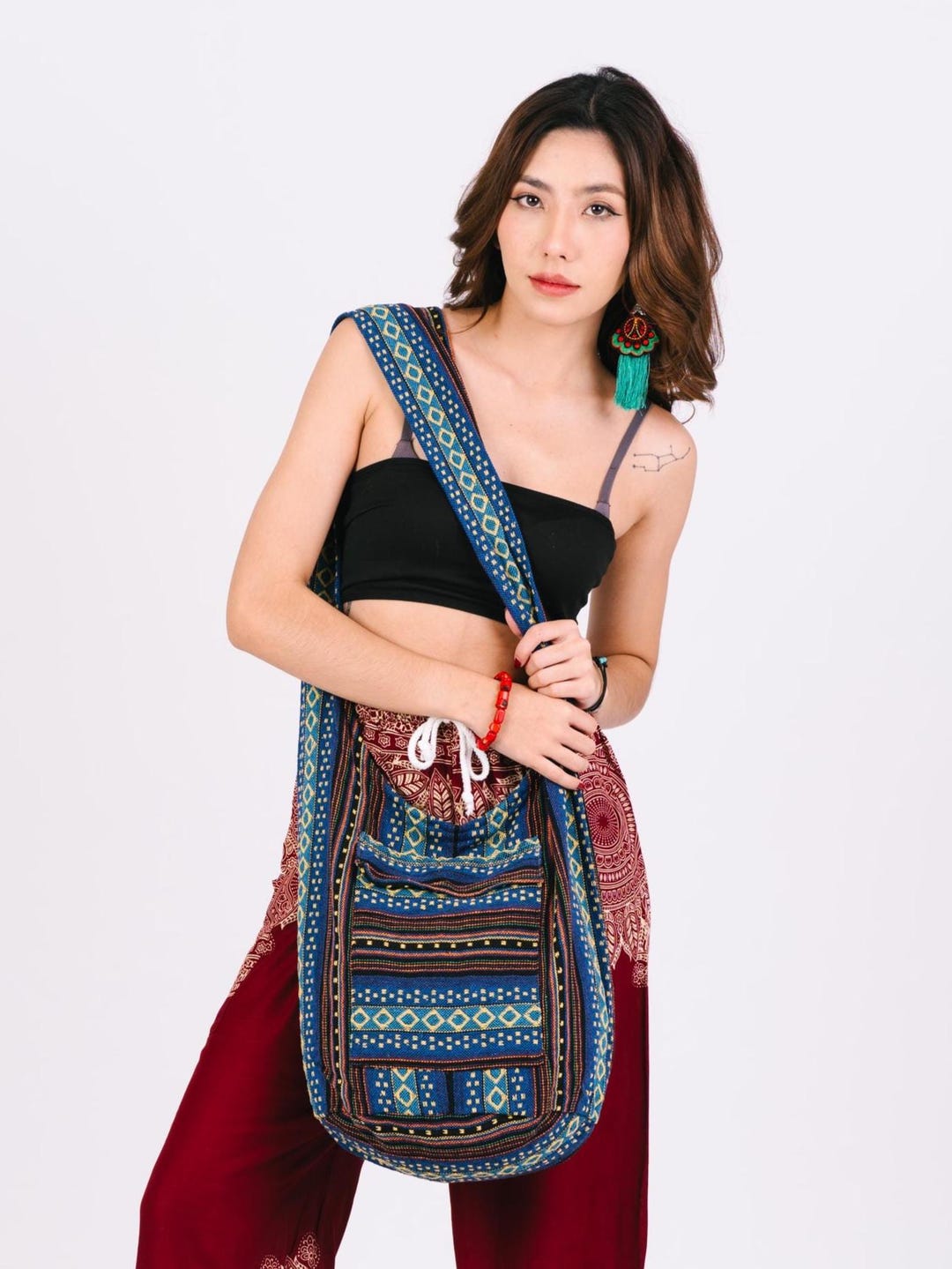 Boho Cotton Crossbody Bag: Hippie Sling Shoulder Bag, Festival