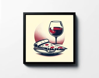 Pizza and wine retro art print