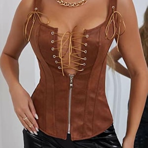 Women Brown Sheepskin Leather Zipper N Waist Training Steampunk Overbust Corset Top