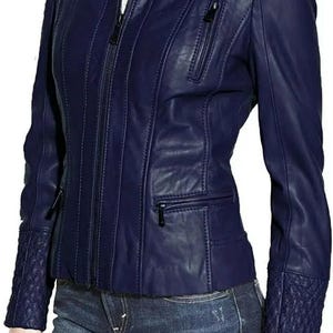 Blouson motard femme bleu marine en cuir véritable, 100 % cuir d'agneau véritable