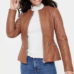 Veste en cuir d'agneau véritable marron pour femme, veste tendance, veste de moto