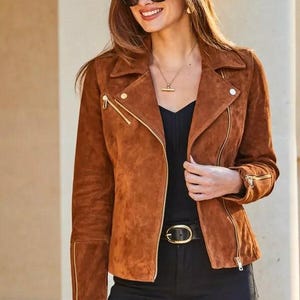 Blouson cuir femme marron veste moto en daim sur mesure