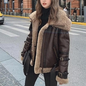 Blouson aviateur pilote RAF B3 en cuir véritable pour femme Blouson en peau de mouton retourné à double col Blouson doublé de fourrure en peau de mouton pour femme