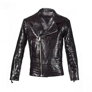 Blouson homme noir en cuir véritable embossé crocodile Blouson motard imprimé alligator