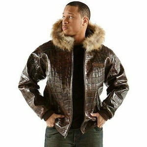 Blouson aviateur à capuche en cuir pour homme Blouson embossé façon crocodile Blouson motard à capuche en fourrure