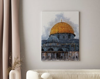 May include: A watercolor painting of the Dome of the Rock in Jerusalem, featuring a golden dome and intricate details. The painting is framed and hanging on a wall in a living room setting.