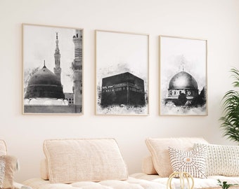 Islamic Poster Set, Kaaba Mecca Painting, Islamic Wall Art, Masjid Nabawi Wall Art, Islamic Home Decor, Dome of the Rock Print, Quds Poster