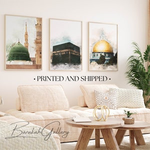 Islamic Poster Set, Kaaba Mecca Painting, Islamic Wall Art, Masjid Nabawi Wall Art, Islamic Home Decor, Dome of the Rock Print, Quds Poster