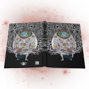 Black hardcover notebook (open flat so that both front and back covers are visible) with collage artwork featuring a figure with a baby, goddess imagery, a drawing of a neuron, floral imagery and a photo of a galaxy and small revolution dressed logo