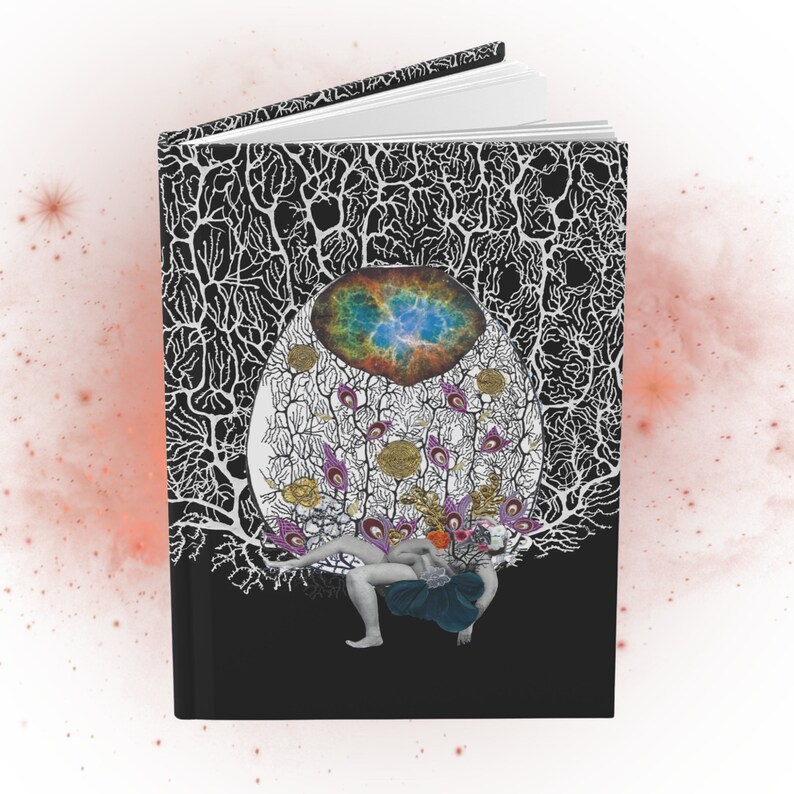 Black hardcover notebook (front, open with pages visible) with collage artwork featuring a figure with a baby, goddess imagery, a drawing of a neuron, floral imagery and a photo of a galaxy