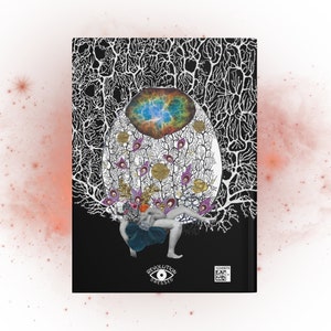 Black hardcover notebook (back) with collage artwork featuring a figure with a baby, goddess imagery, a drawing of a neuron, floral imagery and a photo of a galaxy and small revolution dressed logo