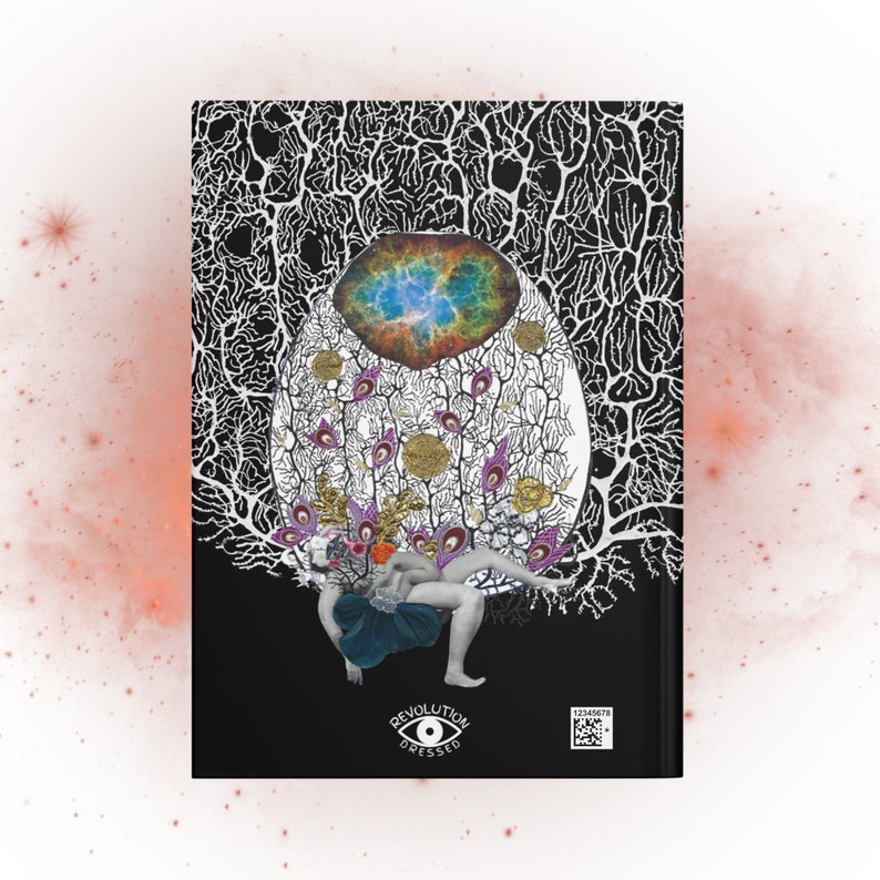 Black hardcover notebook (back) with collage artwork featuring a figure with a baby, goddess imagery, a drawing of a neuron, floral imagery and a photo of a galaxy and small revolution dressed logo