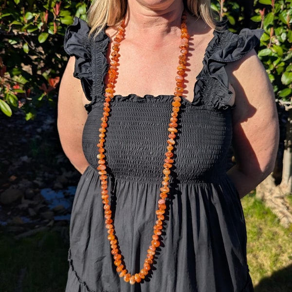 Long Carnelian Necklace with Brass Hook – Ancient Inspired Gemstone Strand
