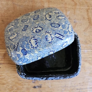 Vintage Hand Painted Asian Lacquer Trinket Box: Blue Floral Decoupage