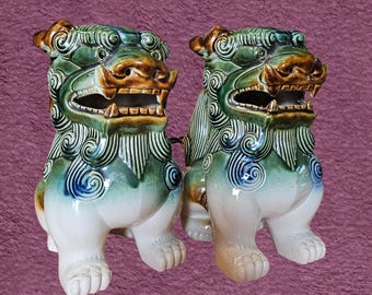 Chiens Foo asiatiques en céramique vintage
