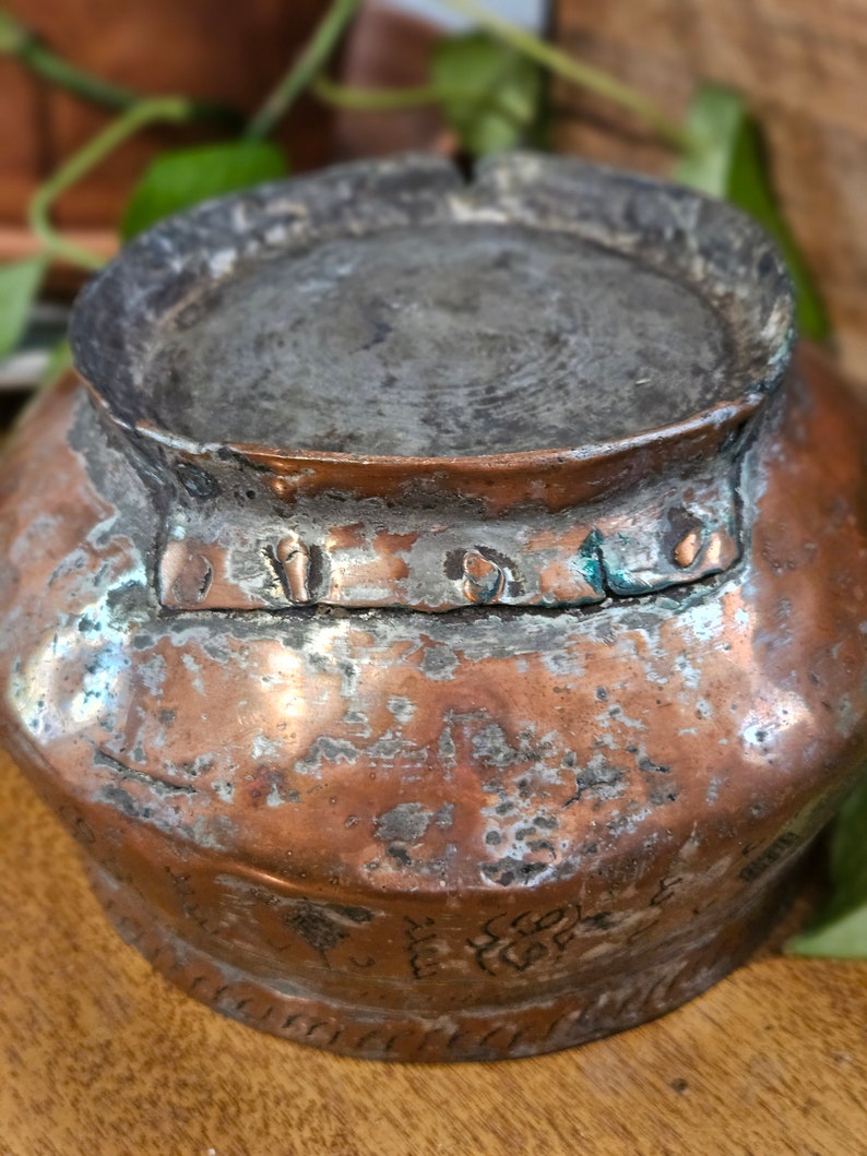 Antique Engraved Copper Pot, Copper Planter, Copper Bowl, Carved Copper