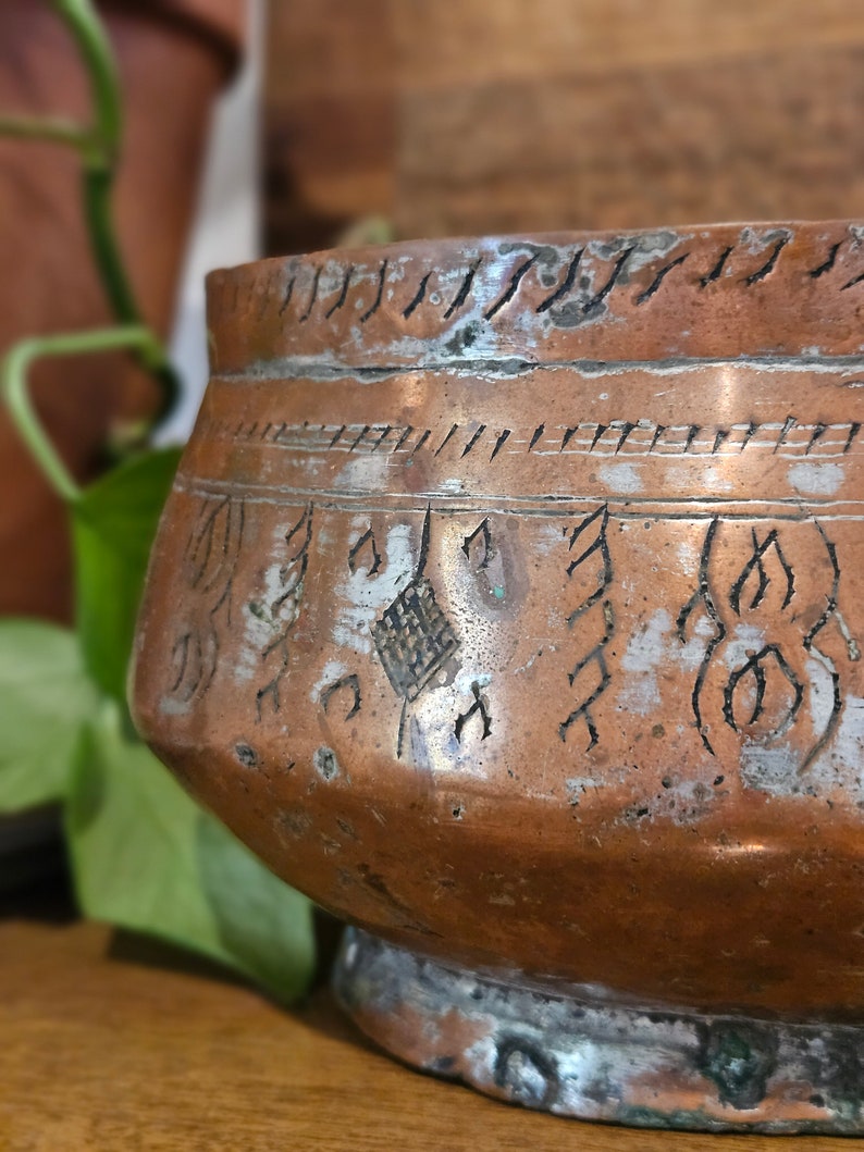 Antique Engraved Copper Pot, Copper Planter, Copper Bowl, Carved Copper