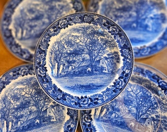 Blue & White Antique Transferware Plates, Fairbanks Family Homestead Plates, Set of 5,  English Cottage Style