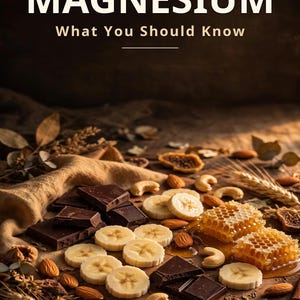 Può includere: Una copertina di libro intitolata YOU NEED MAGNESIUM What You Should Know di Sharon Blackwood. L'immagine mostra pezzi di cioccolato fondente, fette di banana, anacardi, mandorle e favi di miele su una superficie di legno.